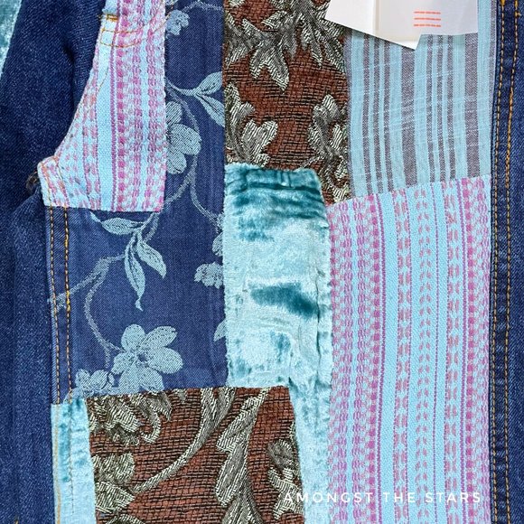 BDG Patchwork Velvet Jacquard High Waisted Wide Leg Blue Jeans - Picture 12 of 15